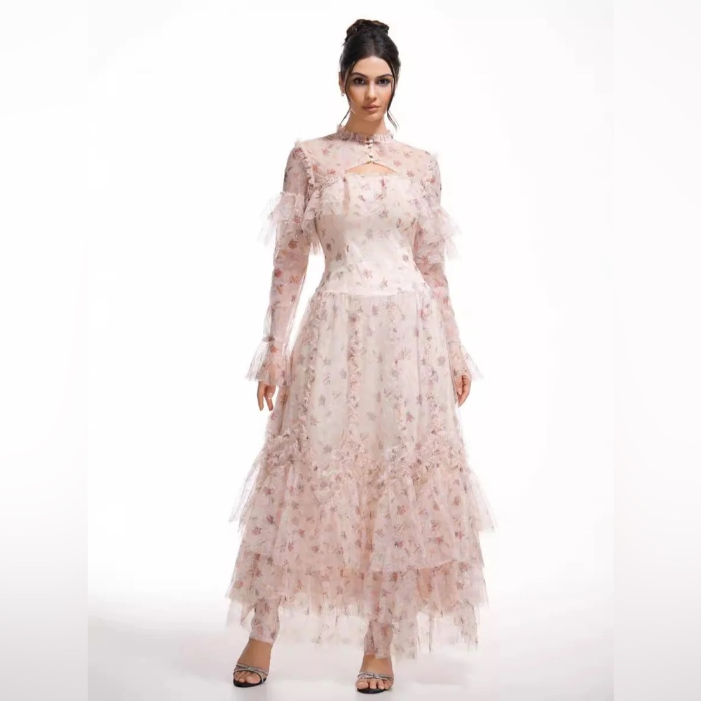 CICINIA Sweet Long Sleeve Sequined Floral Ruffle Prom Gown Size L
